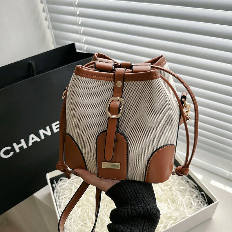 Color-Blocked Bucket Bag For Women, New Canvas Women'S Bag, Niche Design, Trendy, Fashionable, Simple Shoulder Crossbody Bag - Image 4