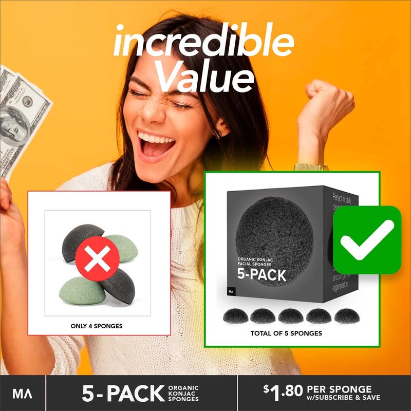Minamul Konjac Exfoliating Organic Facial Sponge Set, Gentle daily face scrub/skincare, best bamboo activated charcoal, Safe for Oily, Dry, Combination or Sensitive skin, Makeup Remover, 5 pack - Image 2