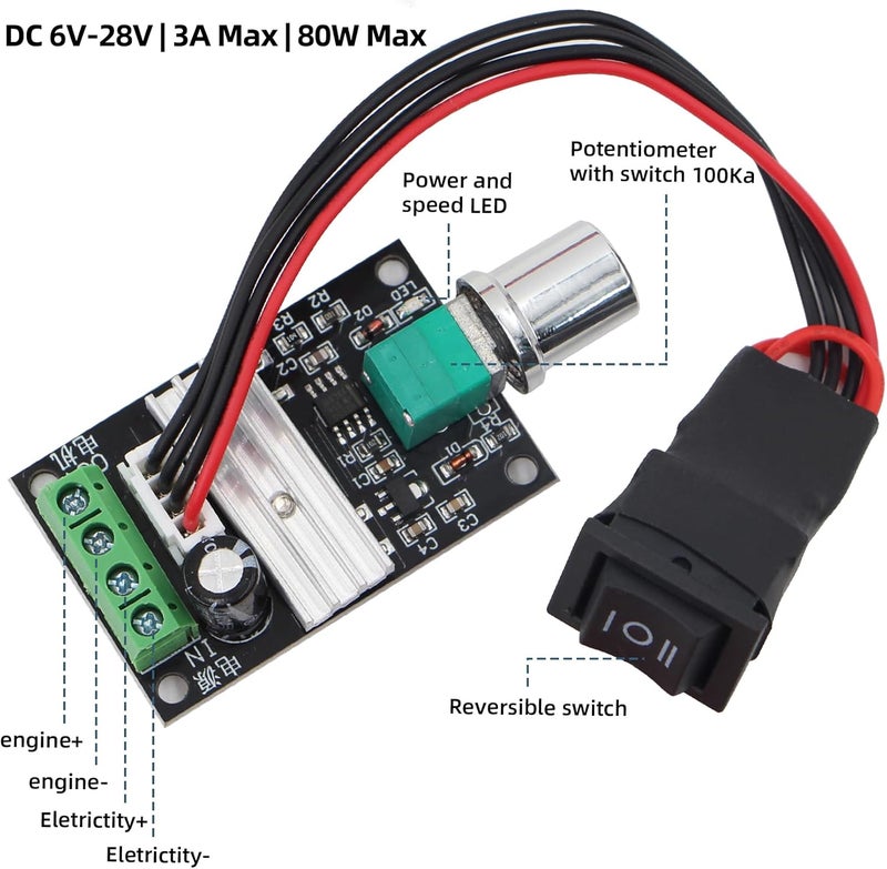 RioRand 6V 12V 24V 28V 3A 80W DC Motor Speed Controller PWM Speed Adjustable Reversible Switch 1203BB DC Motor Driver Reversing - Image 2