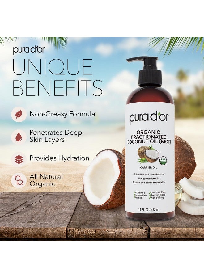 PURA D'OR 16 Oz ORGANIC Fractionated Coconut Oil - MCT Oil - 100% Pure & Natural USDA Certified Cold Pressed Carrier Oil - Unscented, Hexane Free Moisturizer For Face, Skin & Hair Tonic - Men & Women - Image 2