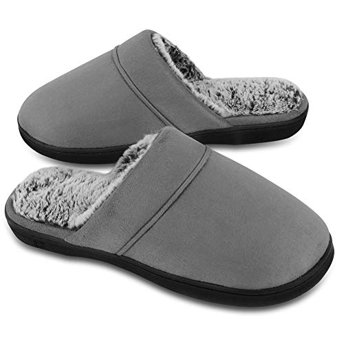 DL Men's Memory Foam Slippers with Fuzzy Plush Lining, Slip on House Slippers with Indoor Outdoor Anti-Skid Rubber Sole, Grey, 13-14 - Image 1