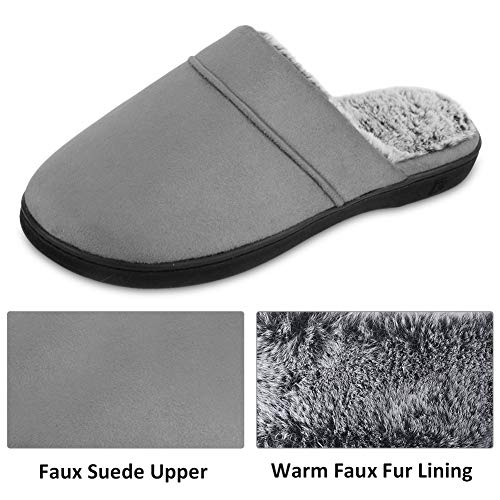 DL Men's Memory Foam Slippers with Fuzzy Plush Lining, Slip on House Slippers with Indoor Outdoor Anti-Skid Rubber Sole, Grey, 13-14 - Image 3