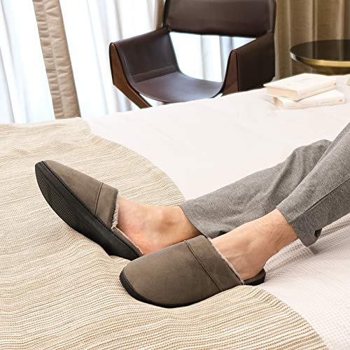 DL Men's Memory Foam Slippers with Fuzzy Plush Lining, Slip on House Slippers with Indoor Outdoor Anti-Skid Rubber Sole, Grey, 13-14 - Image 2