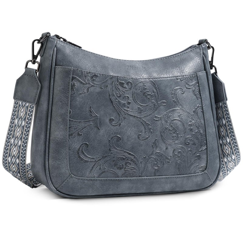 VIMUTI Crossbody Bags for Women,Vegan Leather Crossbody Purse with Adjustable Strap Embossed Flower Women's Shoulder Handbags (03-Blue) - Image 1