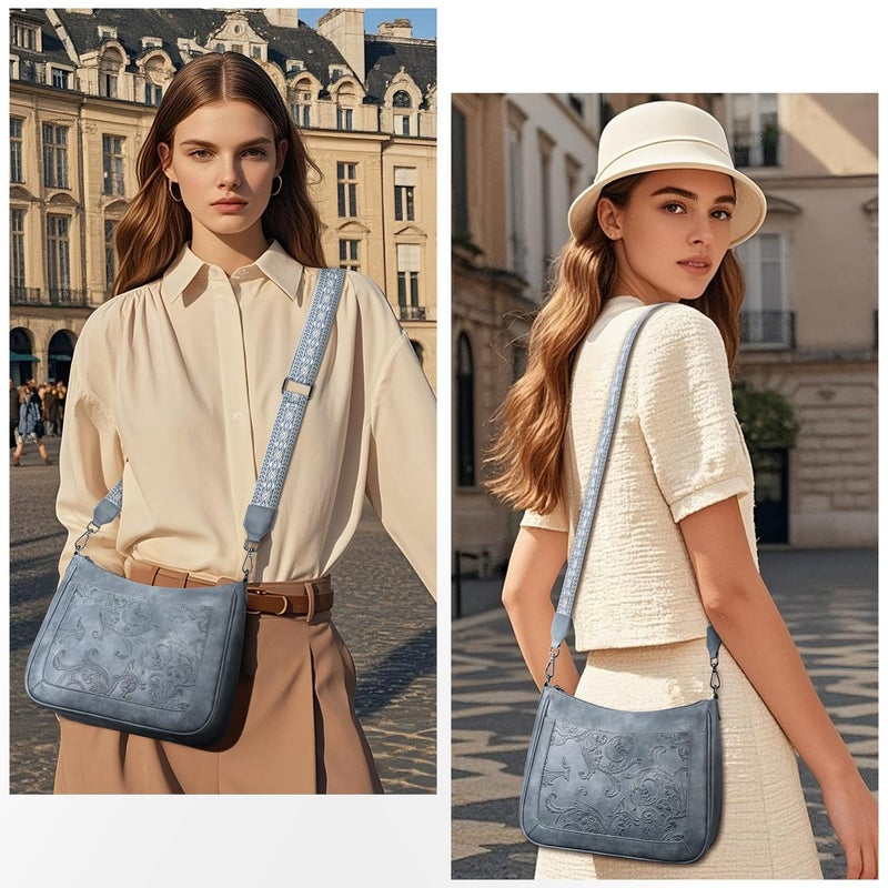 VIMUTI Crossbody Bags for Women,Vegan Leather Crossbody Purse with Adjustable Strap Embossed Flower Women's Shoulder Handbags (03-Blue) - Image 2