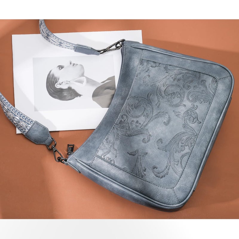 VIMUTI Crossbody Bags for Women,Vegan Leather Crossbody Purse with Adjustable Strap Embossed Flower Women's Shoulder Handbags (03-Blue) - Image 3