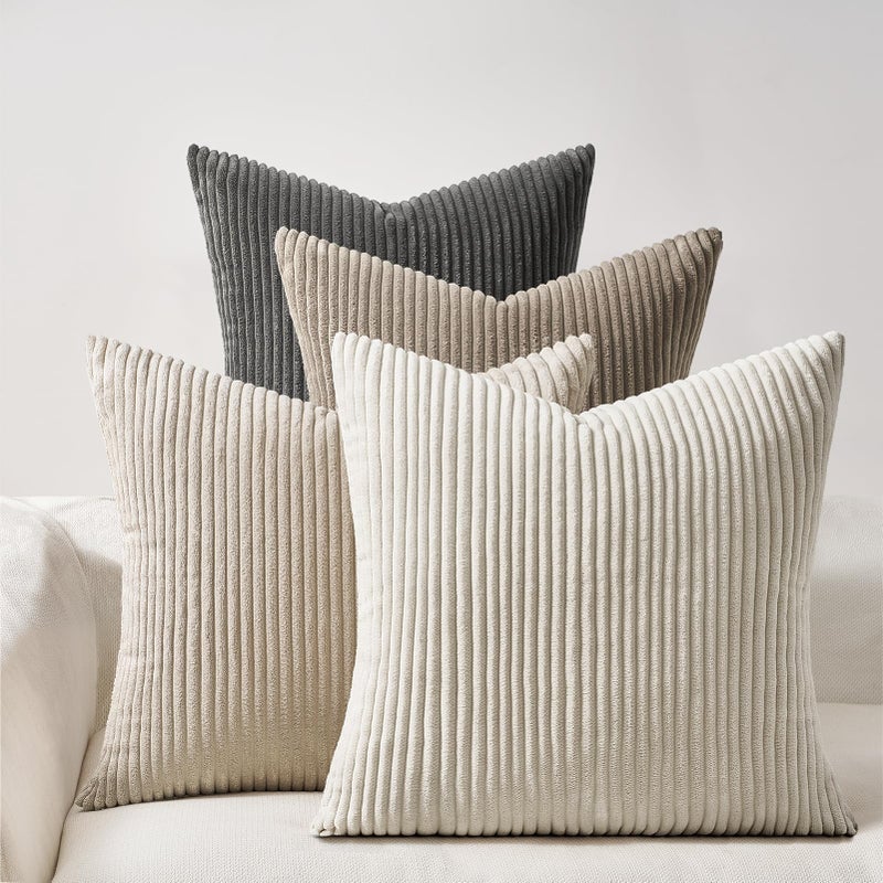 Topfinel 4 Packs Natural Decorative Throw Pillows Covers 16x16 Inch for Living Room Couch Bed Sofa Rustic Farmhouse Boho Neutral Home Decor Soft Plush Striped Corduroy Square Cushion Case 40x40 cm - Image 2