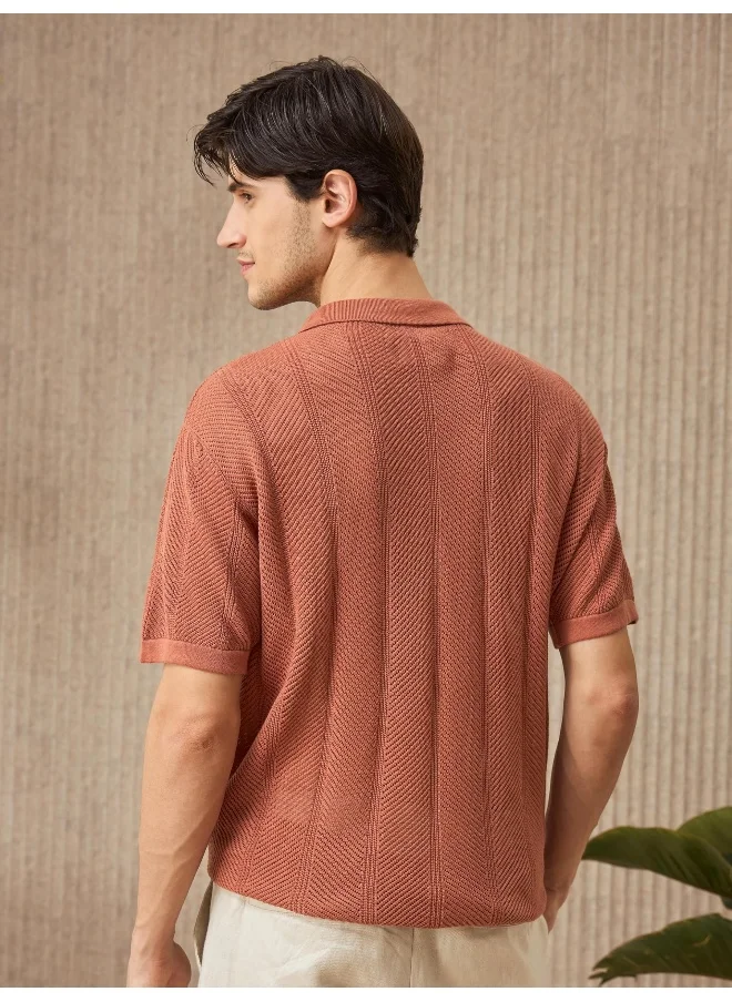 Beyoung Rust Brown Half-Sleeves Knitted Mens Shirt