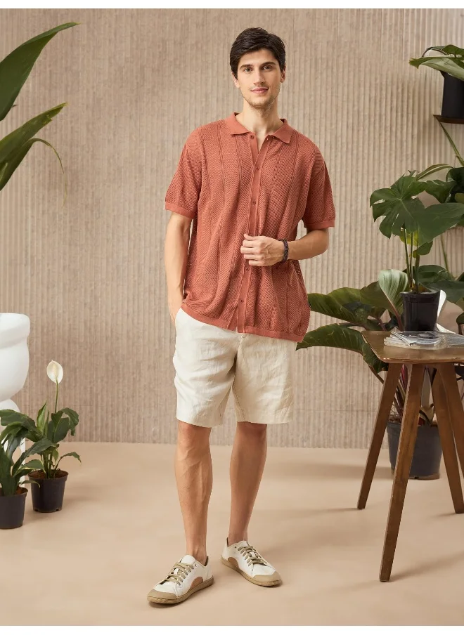 Beyoung Rust Brown Half-Sleeves Knitted Mens Shirt