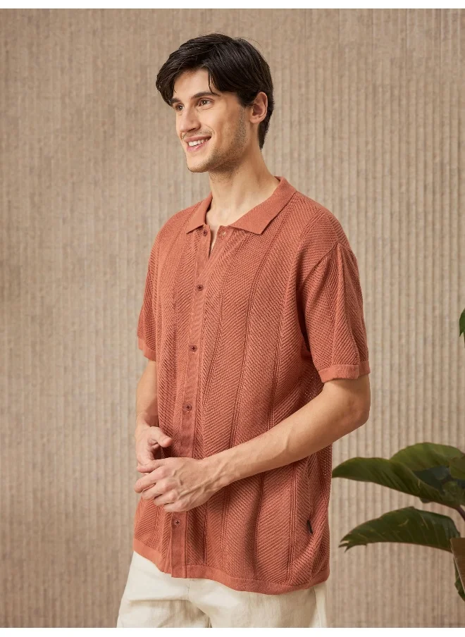Beyoung Rust Brown Half-Sleeves Knitted Mens Shirt