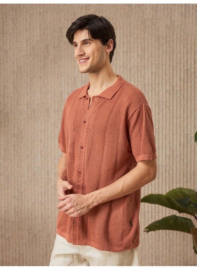 Beyoung Rust Brown Half-Sleeves Knitted Mens Shirt  - Image 3