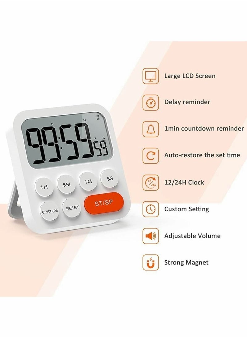 NIBEMINENT - Timer, Kitchen Timer for Kids, Digital Cooking, Egg Magnetic Clock with Large LCD Display Classroom, Bathroom, Baking, 3 Levels Volume, Shortcut Setting (White) - Image 1