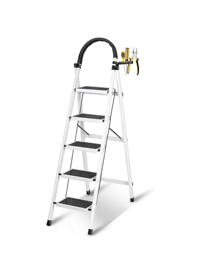 تراسل 5 سلالم متدرجة مع منصة أدوات، 5 سلالم قابلة للطيّ، سلم متين ومحمول من الفولاذ بخمس درجات للكبار، متعدد الاستخدامات للمنزل، المرآب، الحديقة، الطلاء - Image 1