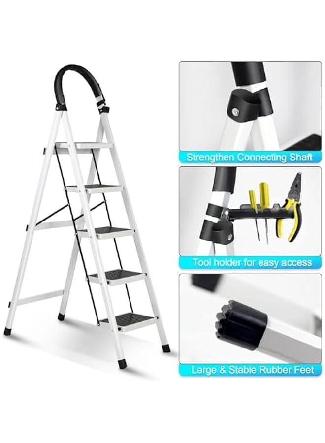 تراسل 5 سلالم متدرجة مع منصة أدوات، 5 سلالم قابلة للطيّ، سلم متين ومحمول من الفولاذ بخمس درجات للكبار، متعدد الاستخدامات للمنزل، المرآب، الحديقة، الطلاء - Image 2