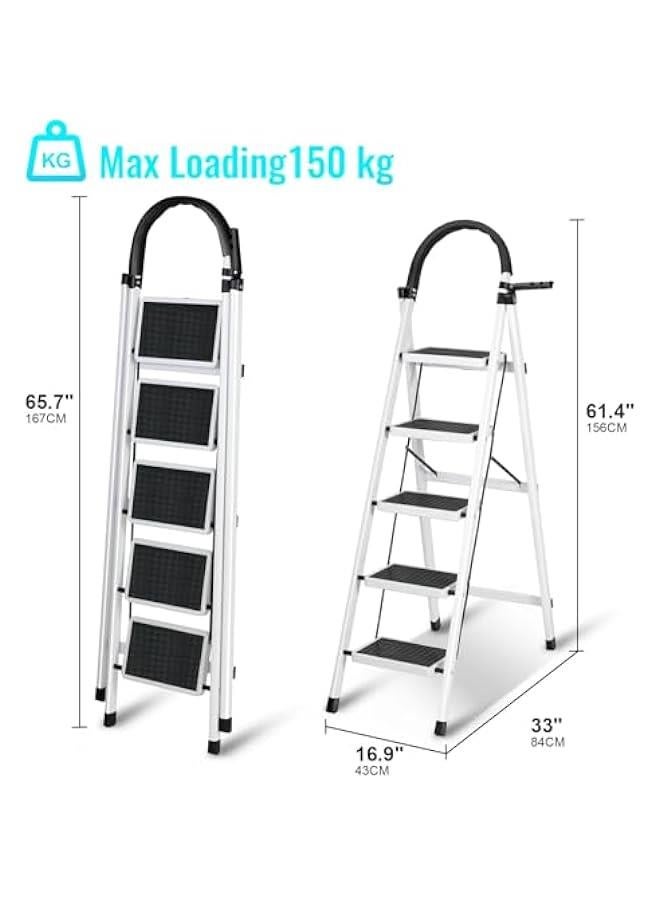 تراسل 5 سلالم متدرجة مع منصة أدوات، 5 سلالم قابلة للطيّ، سلم متين ومحمول من الفولاذ بخمس درجات للكبار، متعدد الاستخدامات للمنزل، المرآب، الحديقة، الطلاء - Image 3