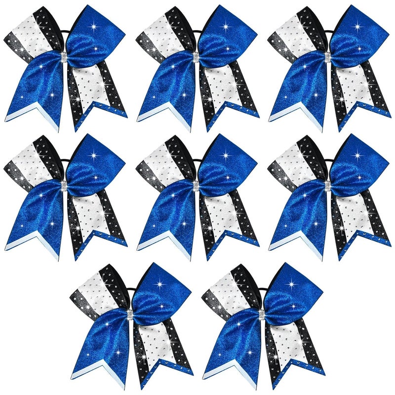 8 PCS Large Glitter Cheer Bows 8 Rhinestones Hair Bows Sparkly Cheerleading Softball Team Bow Hair Ponytail Holder Accessories for cheerleaders football Competition Sports Blue White