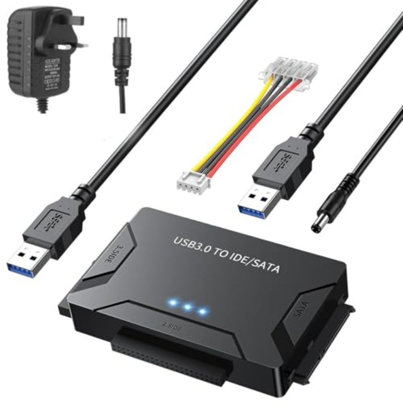 External hard drive recovery adapter for 2.5/3.5 HDD and DVD, aluminum alloy body, black, up to 6TB capacity, 5Gbps speed, USB 3.0 to SATA/IDE, Windows/Mac/Linux compatible, includes 12V/2A power adapter - Image 1