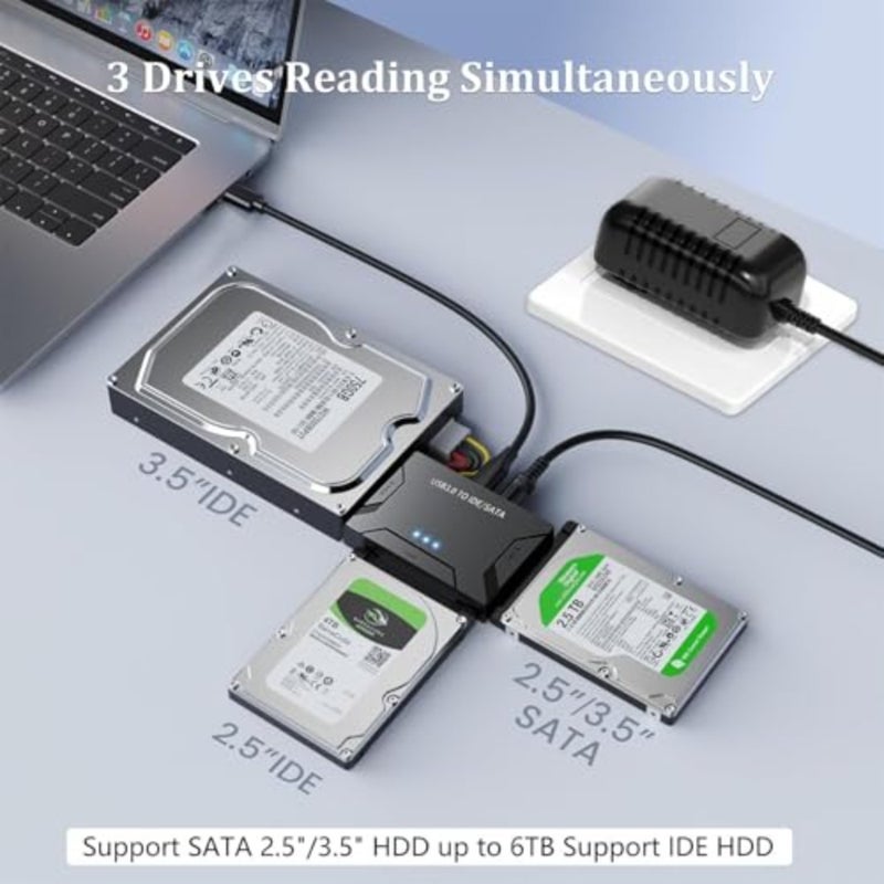 External hard drive recovery adapter for 2.5/3.5 HDD and DVD, aluminum alloy body, black, up to 6TB capacity, 5Gbps speed, USB 3.0 to SATA/IDE, Windows/Mac/Linux compatible, includes 12V/2A power adapter - Image 3