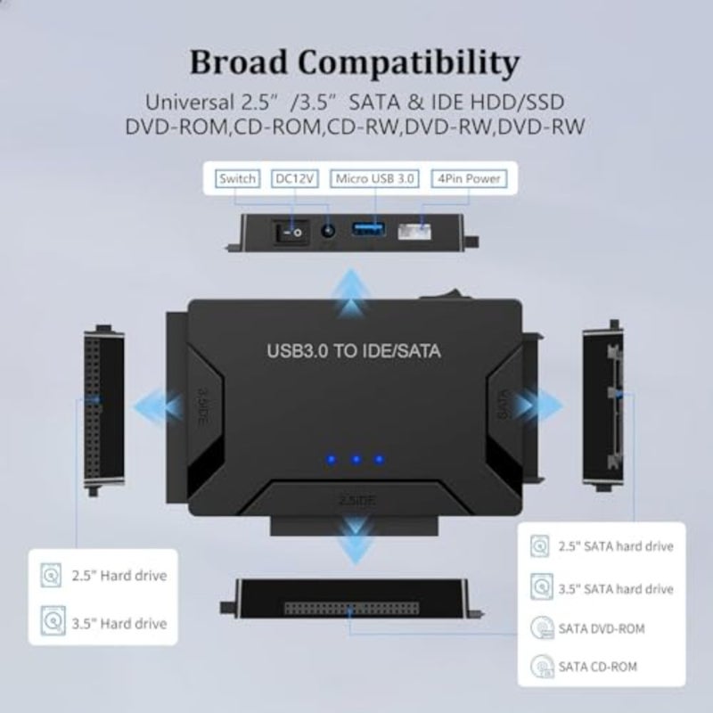 External hard drive recovery adapter for 2.5/3.5 HDD and DVD, aluminum alloy body, black, up to 6TB capacity, 5Gbps speed, USB 3.0 to SATA/IDE, Windows/Mac/Linux compatible, includes 12V/2A power adapter - Image 4