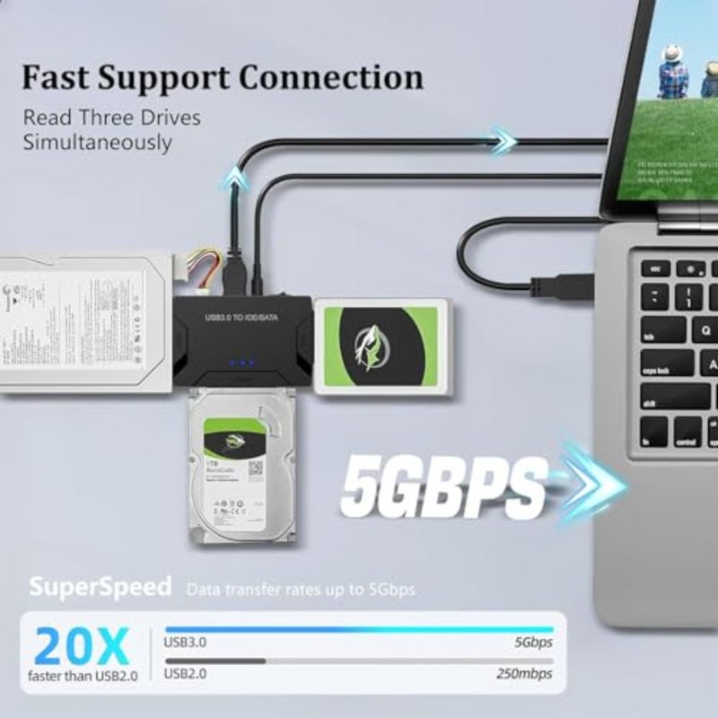 External hard drive recovery adapter for 2.5/3.5 HDD and DVD, aluminum alloy body, black, up to 6TB capacity, 5Gbps speed, USB 3.0 to SATA/IDE, Windows/Mac/Linux compatible, includes 12V/2A power adapter - Image 2