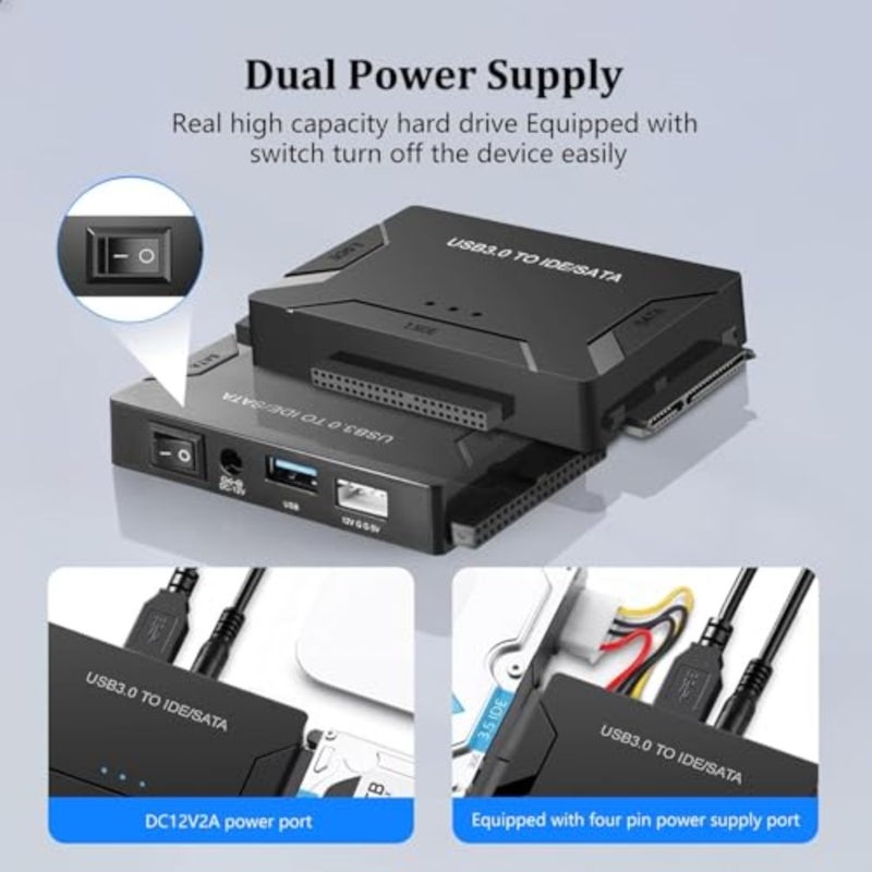 External hard drive recovery adapter for 2.5/3.5 HDD and DVD, aluminum alloy body, black, up to 6TB capacity, 5Gbps speed, USB 3.0 to SATA/IDE, Windows/Mac/Linux compatible, includes 12V/2A power adapter - Image 5