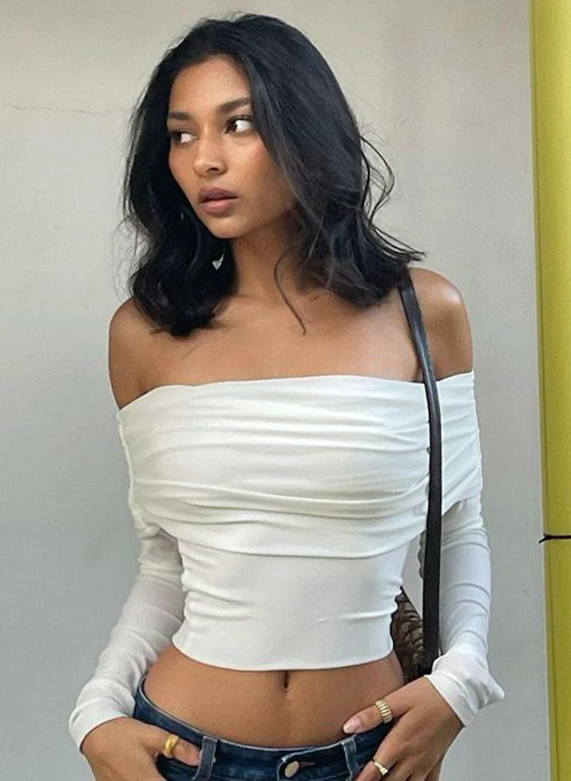 YUNIQEE White Off-Shoulder Long Sleeves Solid Top