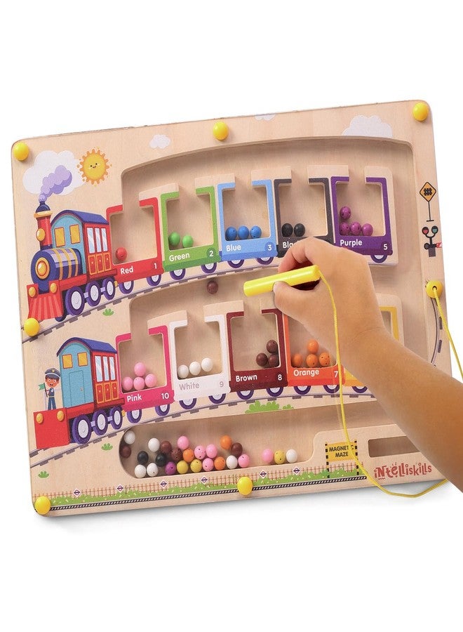 FIRSTCRY INTELLISKILLS متاهة مغناطيسية مميزة 3 في 1 من إنتليس سكيلز للأطفال، ألعاب ألغاز خشبية مونتيسوري لفرز الألوان ومطابقتها للأولاد/البنات، أحجية خرز قوس قزح، ألعاب تعليمية ممتعة للأطفال من عمر 3 سنوات فما فوق، هدية عيد ميلاد (قطار) - Image 1