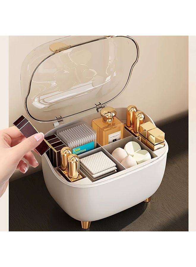 1pc Cosmetic Organizer With Transparent Lid Golden Makeup Vanity Storage Box Lipstick Perfume Nail Polish Brushes Compact Bathroom Desk Organizer With Open Compartments Durable Plastic Construction Space Saving Vanity Organizer For Home Salon Or Travel No Assembly Needed Sleek Design - Image 2