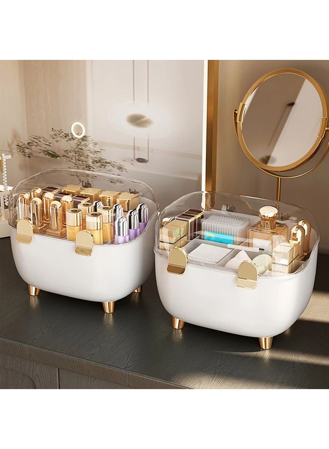 1pc Cosmetic Organizer With Transparent Lid Golden Makeup Vanity Storage Box Lipstick Perfume Nail Polish Brushes Compact Bathroom Desk Organizer With Open Compartments Durable Plastic Construction Space Saving Vanity Organizer For Home Salon Or Travel No Assembly Needed Sleek Design - Image 1