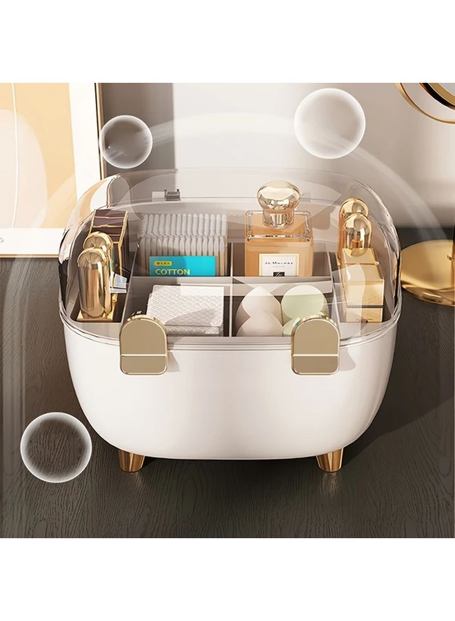 1pc Cosmetic Organizer With Transparent Lid Golden Makeup Vanity Storage Box Lipstick Perfume Nail Polish Brushes Compact Bathroom Desk Organizer With Open Compartments Durable Plastic Construction Space Saving Vanity Organizer For Home Salon Or Travel No Assembly Needed Sleek Design - Image 5
