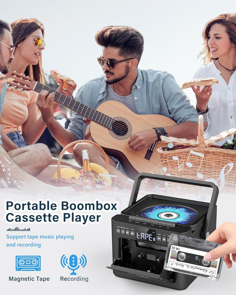 Sunoony Boombox Cassette CD Player Combo with Bluetooth, FM, Remote Control, Tape Recording, AUX/TF/USB Drive, Rechargeable CD Player with Stereo Sound & Headphone Jack, LED Display for Home,Kids,Gift - Image 4