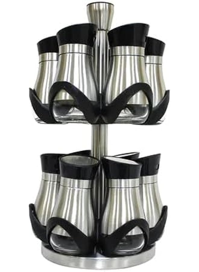 أم أن مجموعة علب تخزين التوابل والملح والفلفل الزجاجية (13 قطعة) من الزجاج والفولاذ المقاوم للصدأ بقاعدة دوارة | رف منظم للتوابل | مجموعة علب توابل | برطمانات توابل