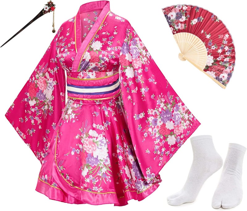 Elibelle Japanese Anime Women's Dance Kimono Robe Fancy Dress Hand Held Silk Folding Fans Tabi Hairstick Socks Set - Image 1