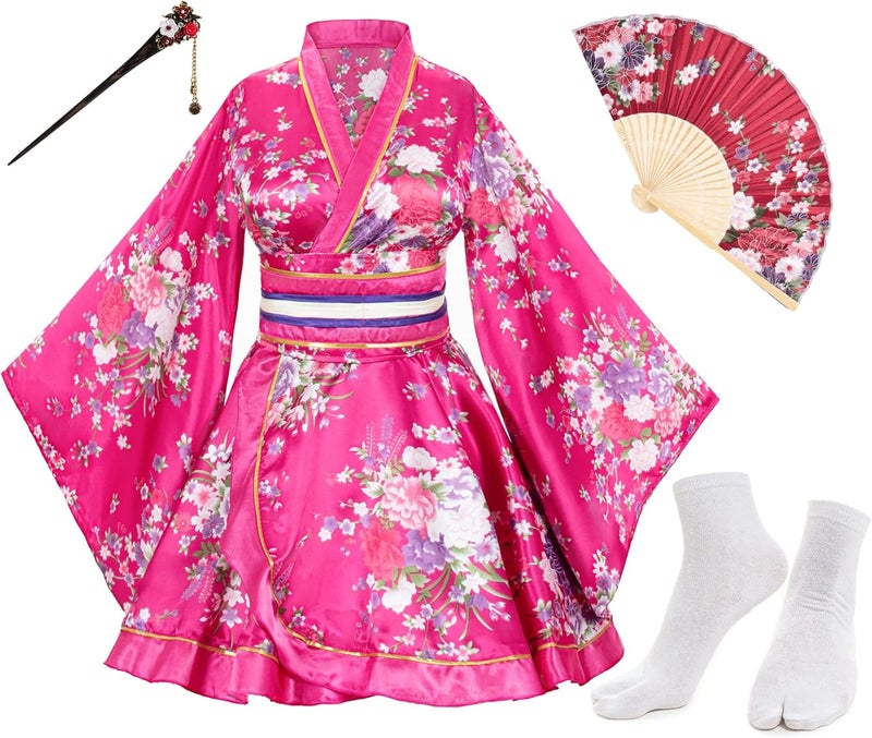 Elibelle Japanese Anime Women's Dance Kimono Robe Fancy Dress Hand Held Silk Folding Fans Tabi Hairstick Socks Set - Image 2