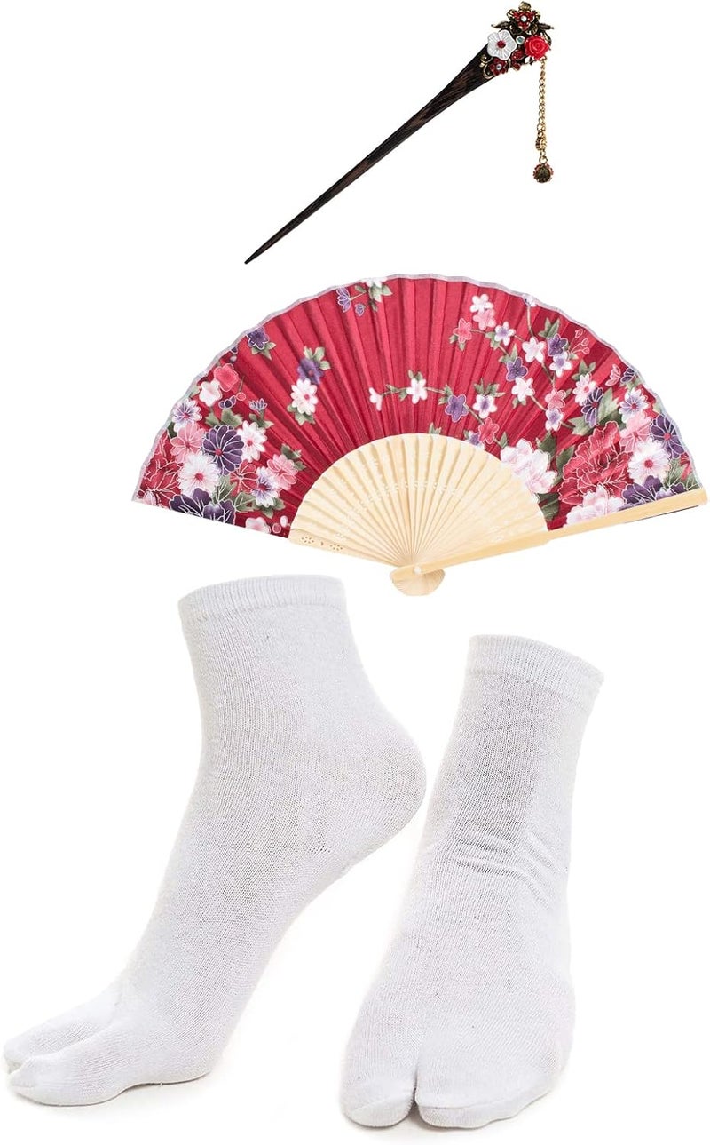 Elibelle Japanese Anime Women's Dance Kimono Robe Fancy Dress Hand Held Silk Folding Fans Tabi Hairstick Socks Set - Image 5