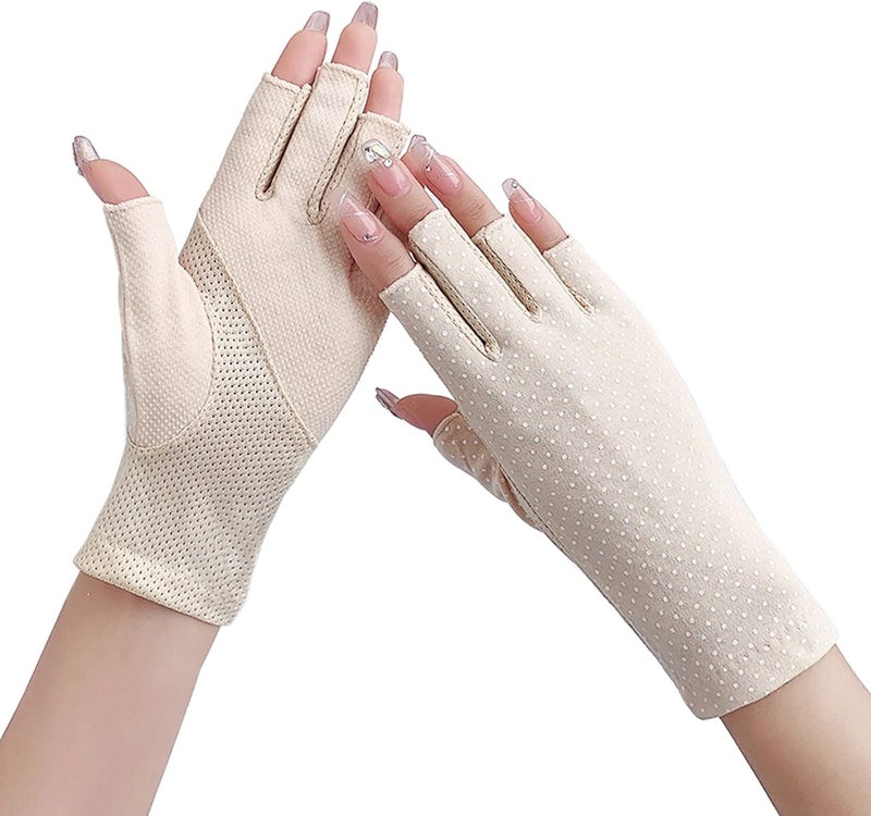 SUNTRADE Women Girls Summer Fingerless Gloves, Non-Slip UV Protection Driving Gloves (Beige) - Image 1