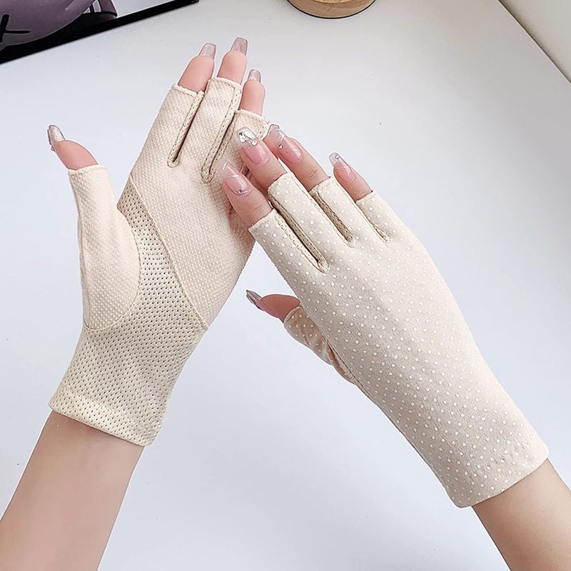 SUNTRADE Women Girls Summer Fingerless Gloves, Non-Slip UV Protection Driving Gloves (Beige) - Image 2