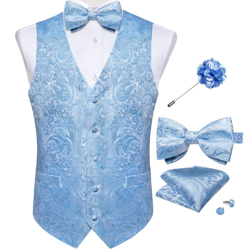 DiBanGu Mens Paisley Suit Waistcoat,Silk Dress Vest and Bowtie Pocket Square Cufflinks with Lapel Pin Set for Wedding Tuxedo, Light Blue, X-Large - Image 1