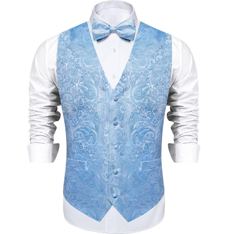 DiBanGu Mens Paisley Suit Waistcoat,Silk Dress Vest and Bowtie Pocket Square Cufflinks with Lapel Pin Set for Wedding Tuxedo, Light Blue, X-Large - Image 2