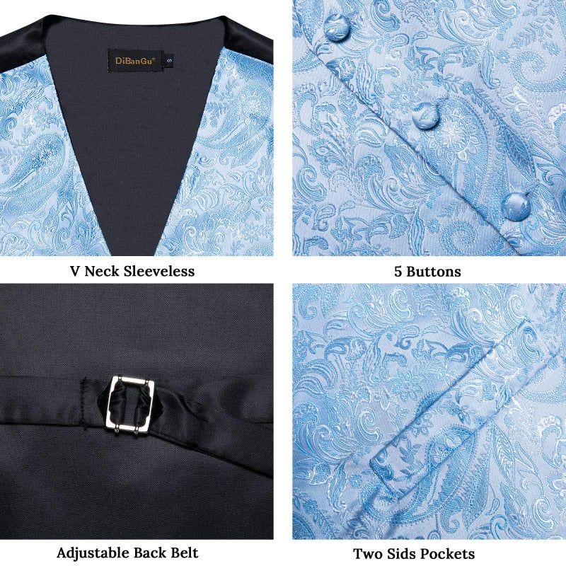DiBanGu Mens Paisley Suit Waistcoat,Silk Dress Vest and Bowtie Pocket Square Cufflinks with Lapel Pin Set for Wedding Tuxedo, Light Blue, X-Large - Image 4