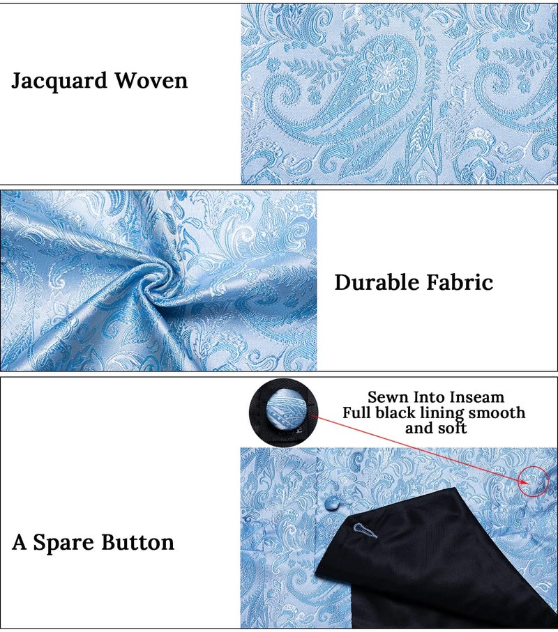 DiBanGu Mens Paisley Suit Waistcoat,Silk Dress Vest and Bowtie Pocket Square Cufflinks with Lapel Pin Set for Wedding Tuxedo, Light Blue, X-Large - Image 5
