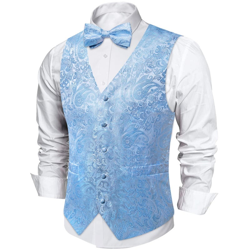 DiBanGu Mens Paisley Suit Waistcoat,Silk Dress Vest and Bowtie Pocket Square Cufflinks with Lapel Pin Set for Wedding Tuxedo, Light Blue, X-Large - Image 3