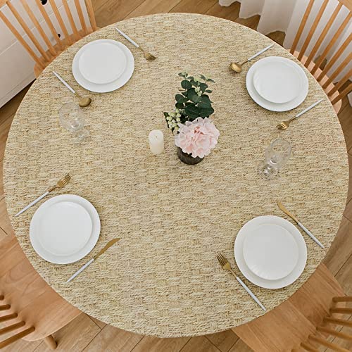 LIBERECOO Round Vinyl Fitted Tablecloth with Flannel Backing Elastic Edge Table Cover Waterproof Stain-Resistant Wipeable Tablcloths Fits 45-56" Round Tables - Image 1