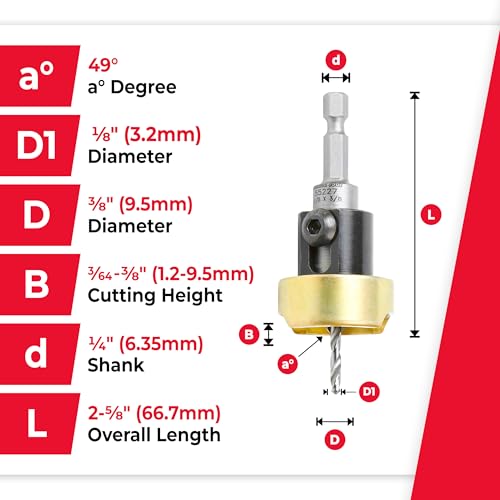 Amana Tool 55227 Carbide Tipped 82 Degree Countersink Set with Adjustable Drill Bit Depth Stop and No-Thrust Ball Bearing 3/8 Dia x 1/8 Drill Dia x 1/4 Inch Quick Release Hex Shank - Image 4