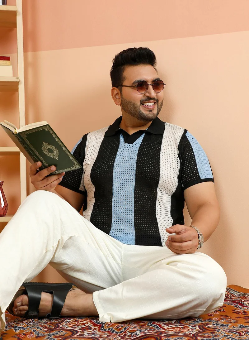 Instafab Plus Men's Powder Blue & Cream White Panelled Open-Knit Polo T-Shirt