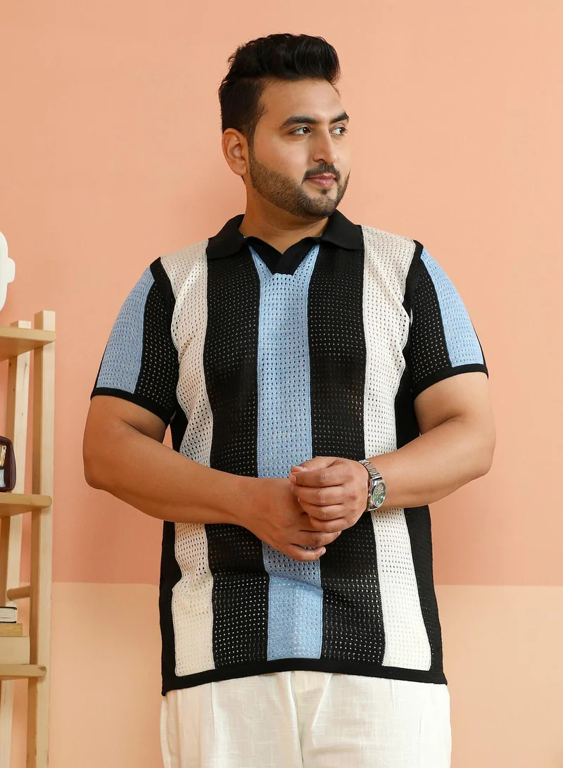 Instafab Plus Men's Powder Blue & Cream White Panelled Open-Knit Polo T-Shirt