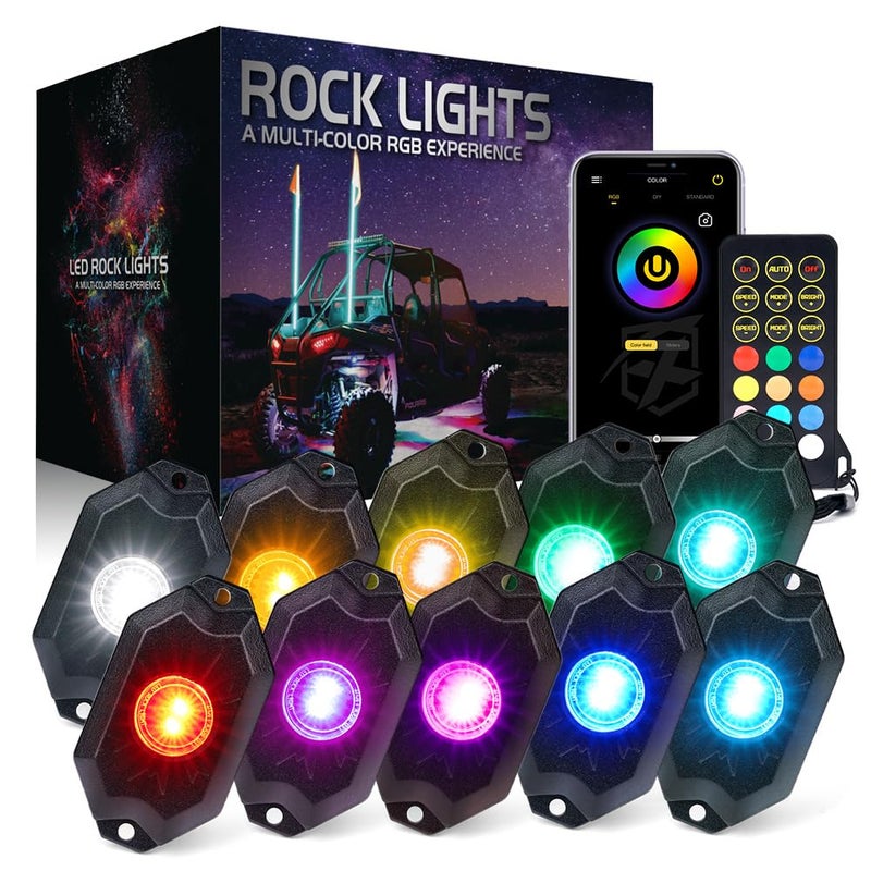 Xprite RGBW LED Rock Lights Kit with Bluetooth Wireless Remote Controller Multicolor Cars Underglow Wheel Footwell Neon Light Kits for OffRoad UTV ATV Trucks SUV Motorcycle Boats 10 Pods
