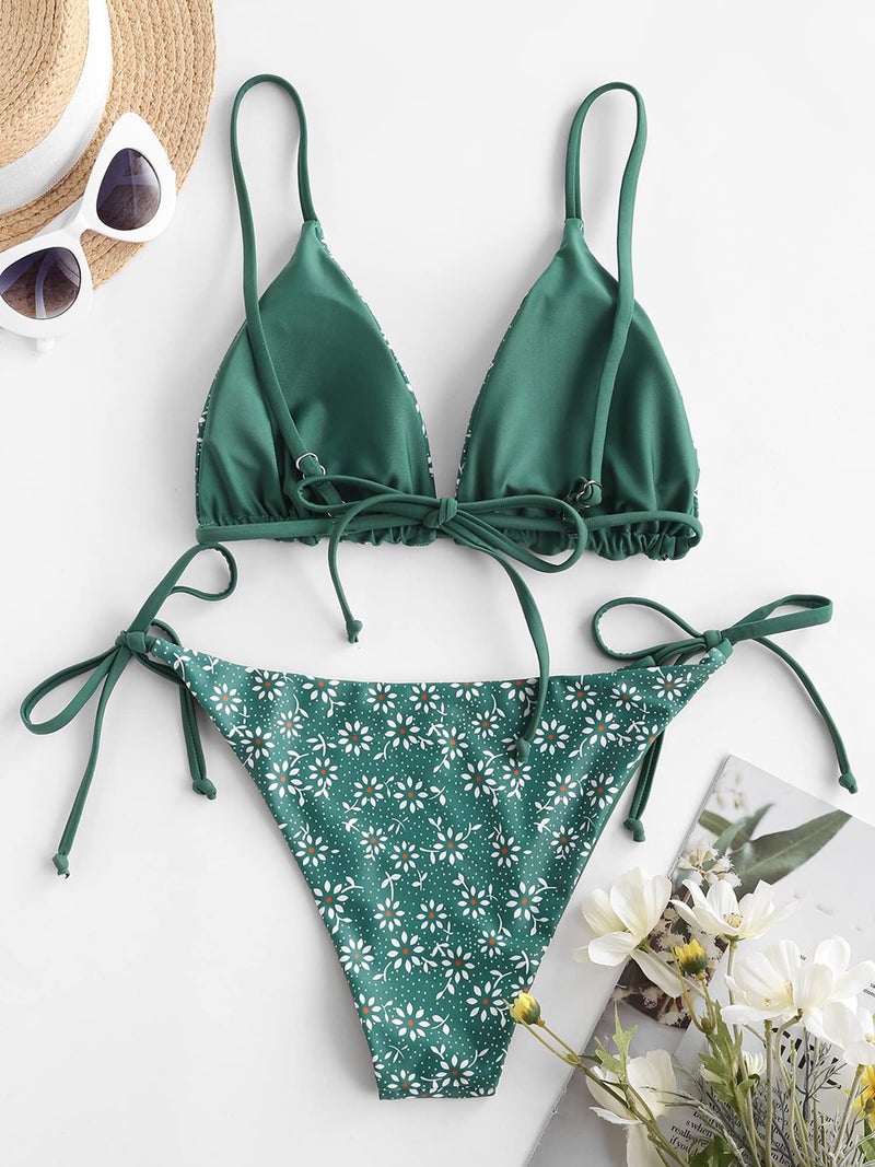 ZAFUL مجموعة بيكيني زافول النسائية مثلثية الشكل مزينة بالزهور، بيكيني حبل، بدلة سباحة من قطعتين (2-أخضر مزرق، L) - Image 5
