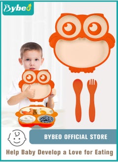 Bybeo 3 PCS Baby Silicone Suction Plate with Spoon and Fork, Adorable Owl Shape Infant Divided Plates, Babies Feeding Set, First Stage Toddler Utensils - Babies Led Weaning Supplies  - Image 1