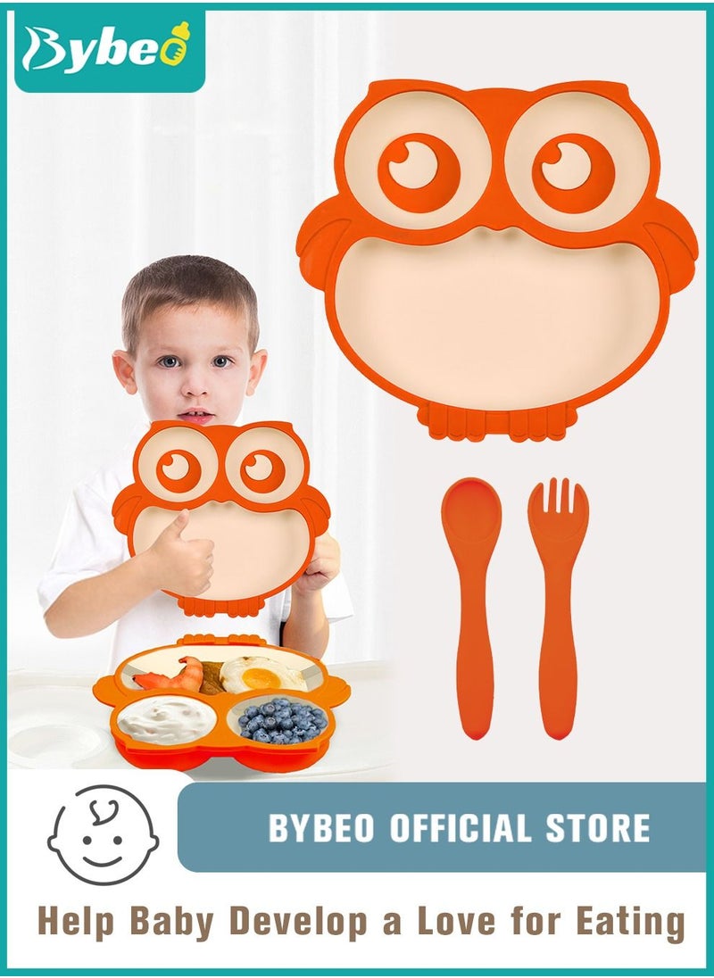 Bybeo 3 PCS Baby Silicone Suction Plate with Spoon and Fork, Adorable Owl Shape Infant Divided Plates, Babies Feeding Set, First Stage Toddler Utensils - Babies Led Weaning Supplies  - Image 1